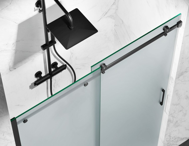 Drzwi Prysznicowe Przesuwne, Czarne Okucia, Szkło Mrożone Mleczne - widok z góry  salon lazienek Lodz