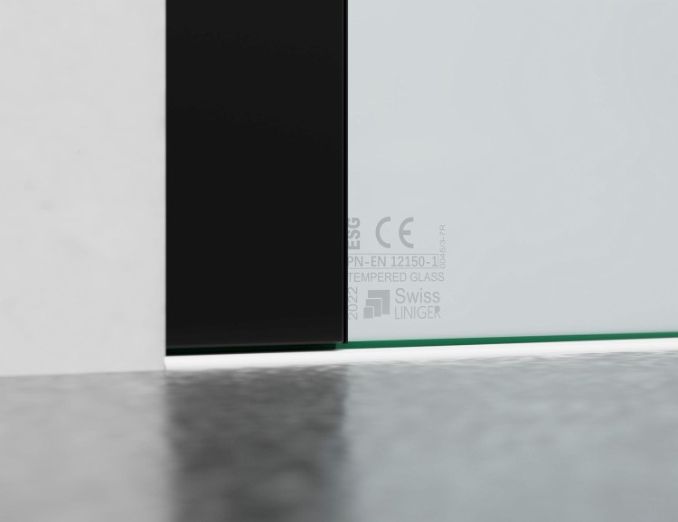 Drzwi Prysznicowe Przesuwne, Czarne Okucia, Szkło Mrożone Mleczne - listwa przyścienna widok od dołu  salon lazienek Lodz