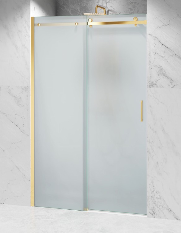 Drzwi Prysznicowe Przesuwne, Okucia Złoty Połysk, Szkło Mrożone Mleczne.  salon lazienek Lodz