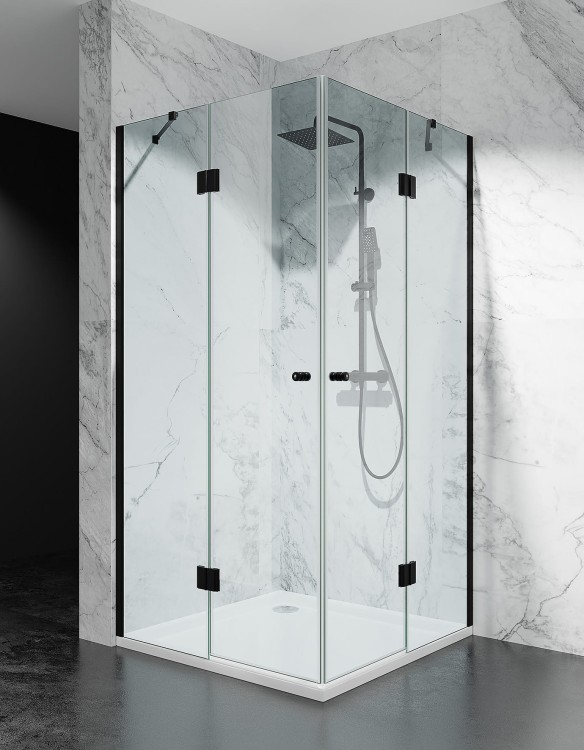 Kabina Prysznicowa Podwojnie Uchylna Bezprogowa DV2000 Okucia Czarny Mat, Szklo Transparentne zdjecie 1 Salon Lazienek w Lodzi