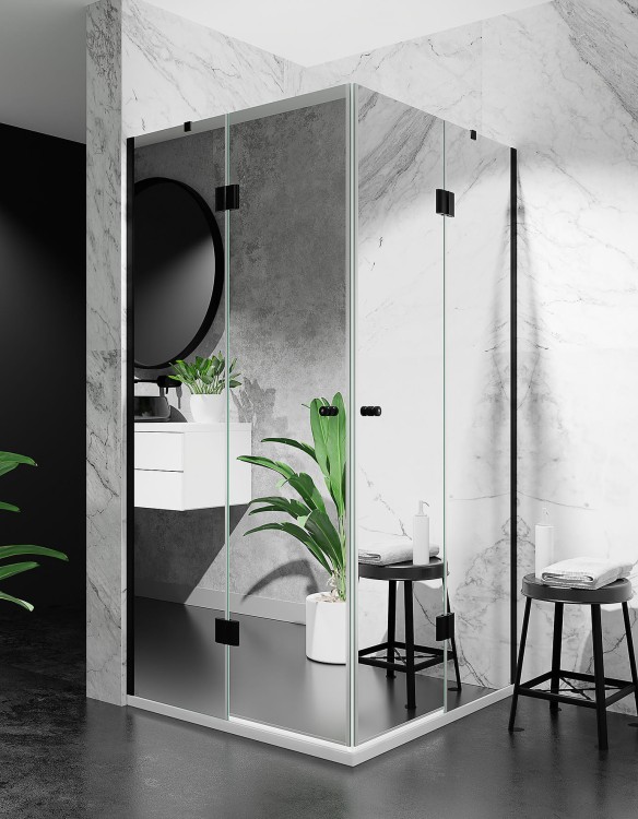 Kabina Prysznicowa Podwojnie Uchylna Bezprogowa DV2000 Okucia Czarny Mat Szklo Lustrzane zdjecie 4 Salon Lazienek w Lodzi