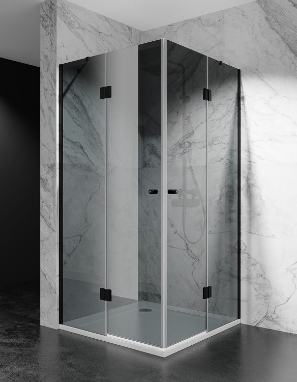 Kabina Prysznicowa Podwojnie Uchylna Bezprogowa DV2000 Okucia Czarny Mat Szklo Grafitowe zdjecie 3 Salon Lazienek w Lodzi