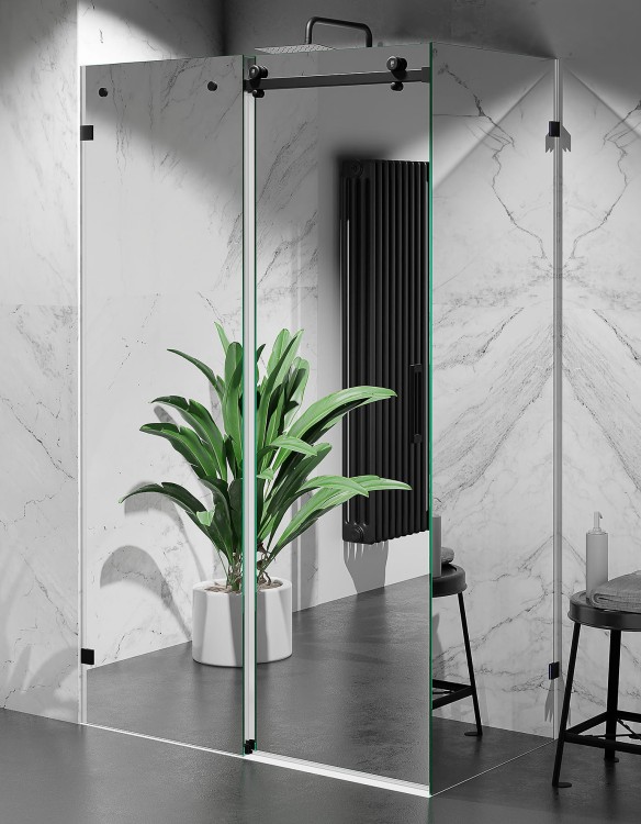 Kabina Prysznicowa Przesuwna Bezprofilowa, szkło efekt lustra, okucia czarny mat zdjecie 1 salon lazienek w Lodzi
