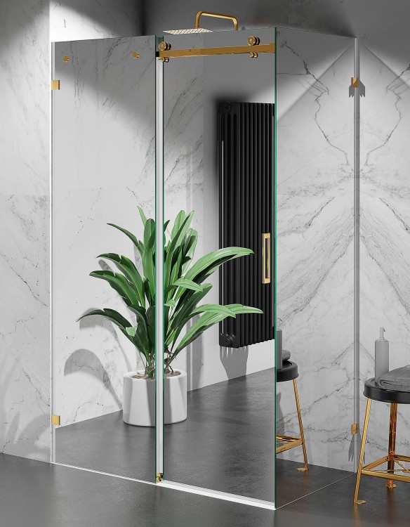 Kabina Prysznicowa Przesuwna Bezprofilowa, szkło efekt lustra, okucia złoty połysk zdjecie 1 salon lazienek w Lodzi
