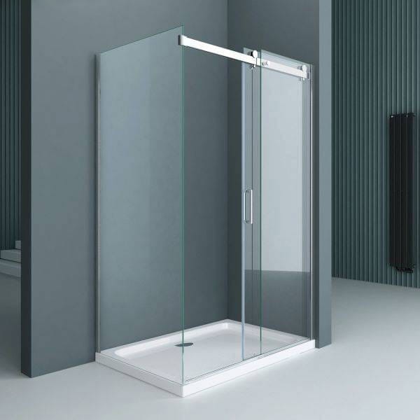 Kabina Prysznicowa z Brodzikiem przesuwna szkło transparentne okucia chrom połysk otwarta