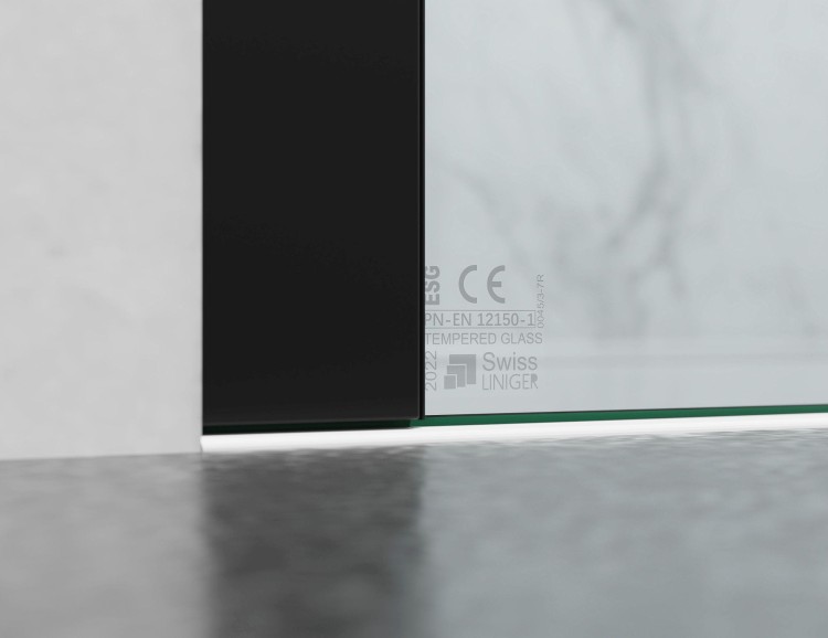 Drzwi prysznicowe czarne okucia, szyba 8mm transparentna, model Usaria zd. 7 - widok listwy przyściennej dół z certyfikatem oryginalności  salon lazienek Lodz