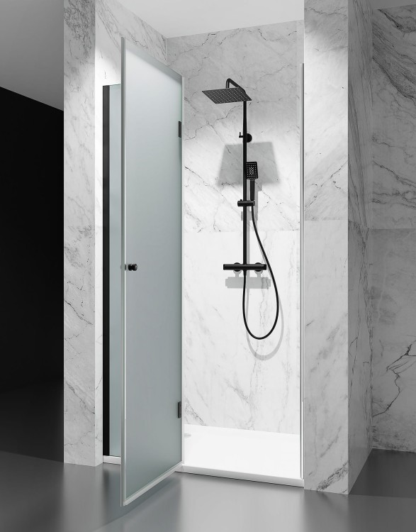 Drzwi Prysznicowe Uchylne ze ścianką, szkło Mrożone Mleczne, okucia Czarny Mat zdjecie 2 salon lazienek w Lodzi