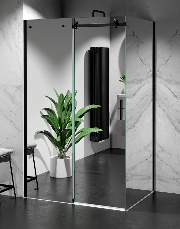 Kabina Prysznicowa Przesuwna Szkło EFEKT LUSTRA, okucia Czarny Mat zdjecie 1 salon lazienek w Lodzi