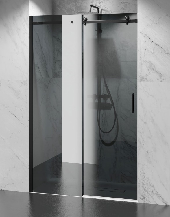 Czarne-okucia-szkło-grafitowe-dymione-drzwi-prysznicowe-przesuwne-zdjecie-1  salon lazienek Lodz