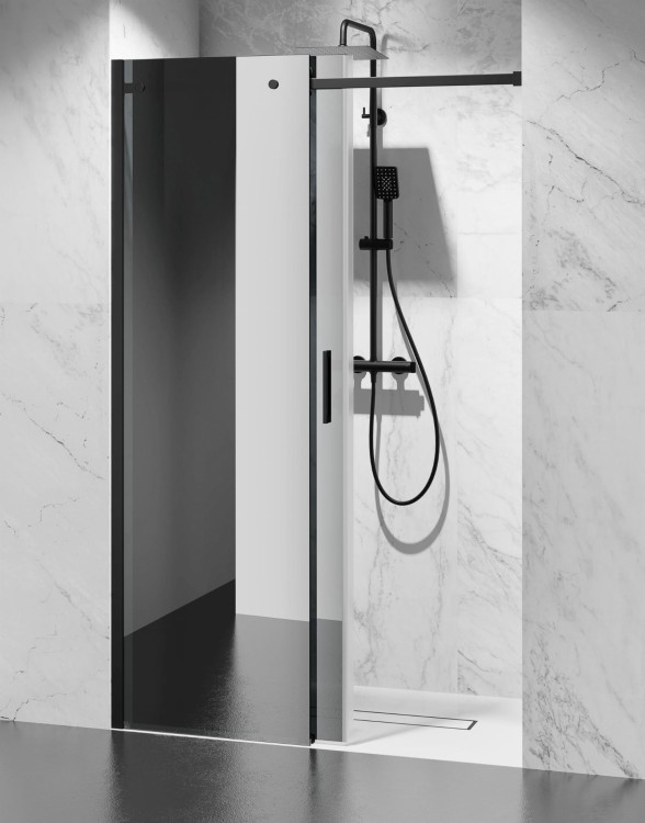 czarne-okucia-szkło-grafitowe-dymione-drzwi-prysznicowe-przesuwne-zdjecie-2  salon lazienek Lodz