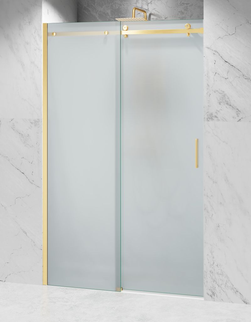 Drzwi Prysznicowe Przesuwne, Okucia Złoto Szczotkowane, Szkło Mrożone Mleczne