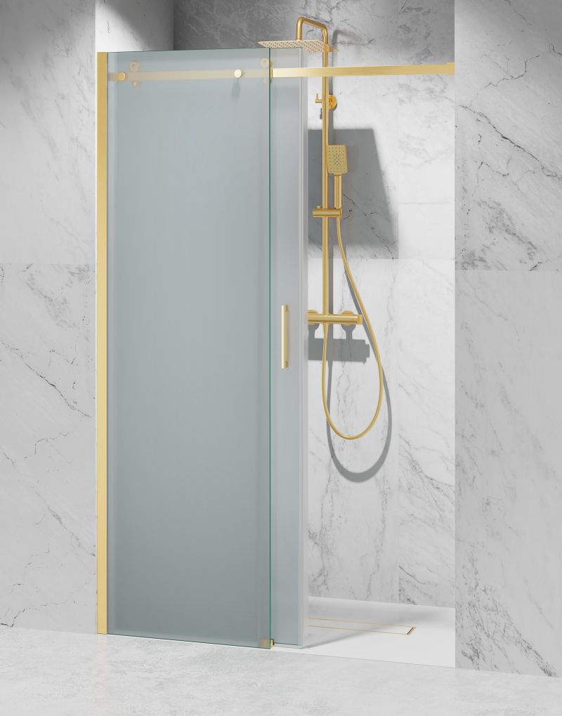 Drzwi Prysznicowe Przesuwne, Okucia Złoto Szczotkowane, Szkło Mrożone Mleczne