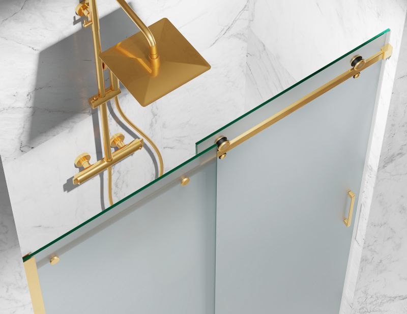 Drzwi Prysznicowe Przesuwne, Okucia Złoto Szczotkowane, Szkło Mrożone Mleczne