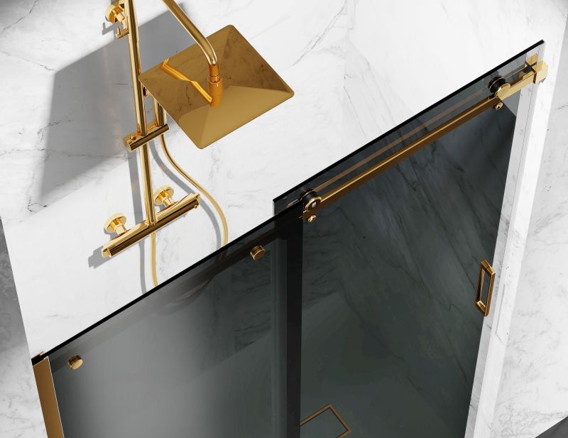 Drzwi Prysznicowe Przesuwne, Okucia Złoty Połysk, Szkło Grafitowe Dymione