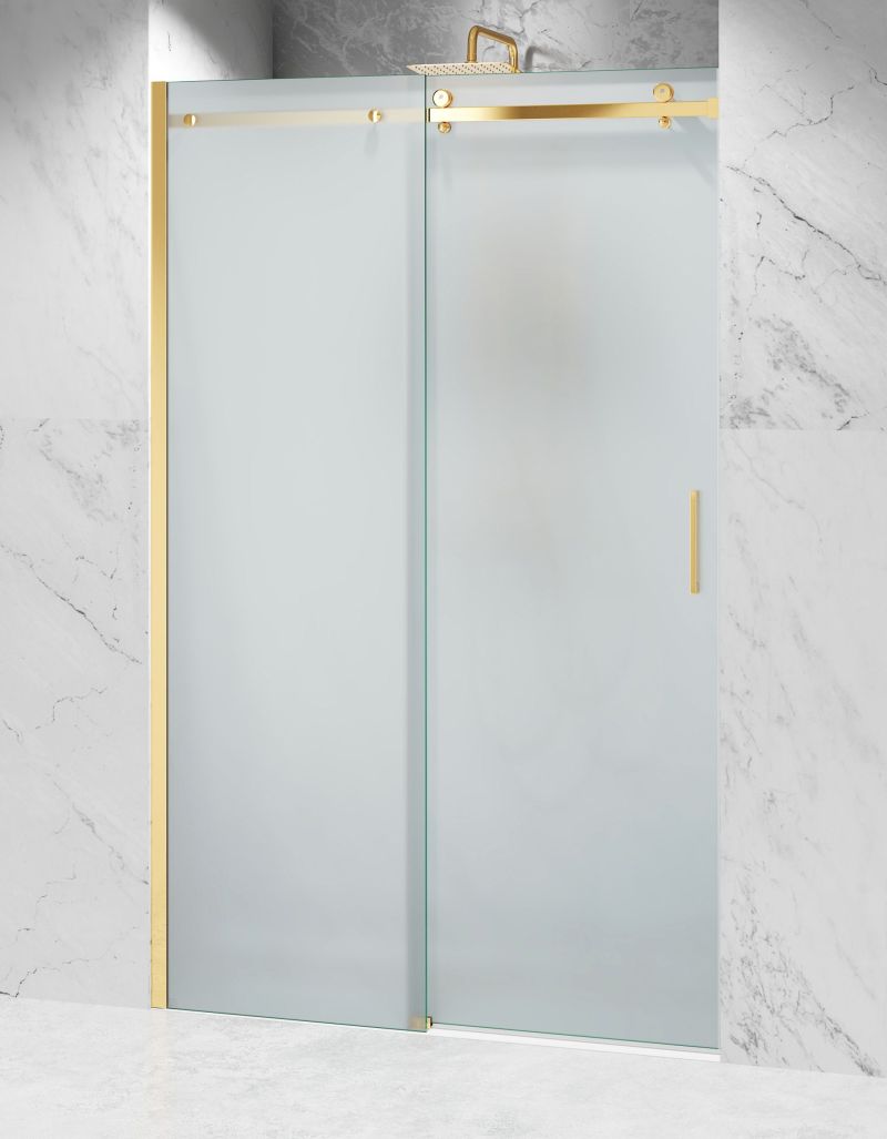 Drzwi Prysznicowe Przesuwne, Okucia Złoty Połysk, Szkło Mrożone Mleczne.