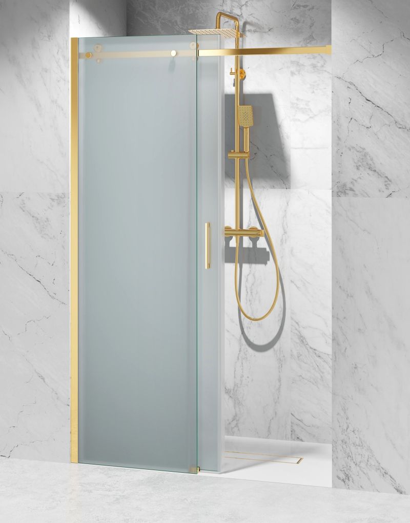 Drzwi Prysznicowe Przesuwne, Okucia Złoty Połysk, Szkło Mrożone Mleczne.