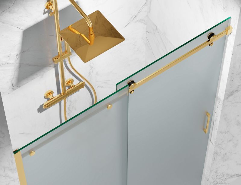 Drzwi Prysznicowe Przesuwne, Okucia Złoty Połysk, Szkło Mrożone Mleczne.