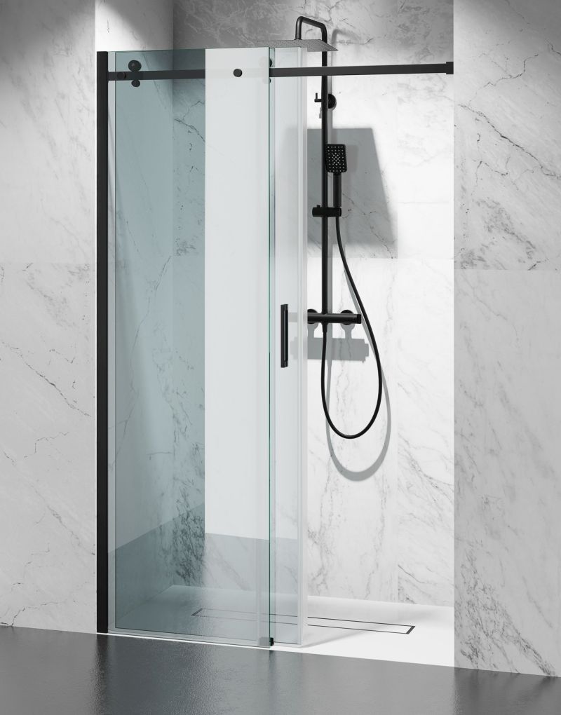 Drzwi prysznicowe przesuwne czarne okucia szkło transparentne 8mm