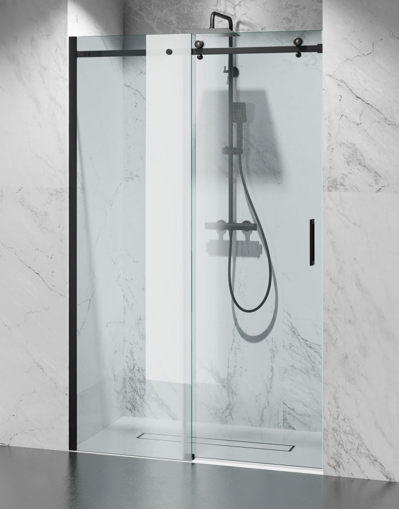 Drzwi prysznicowe przesuwne czarne okucia szkło transparentne 8mm