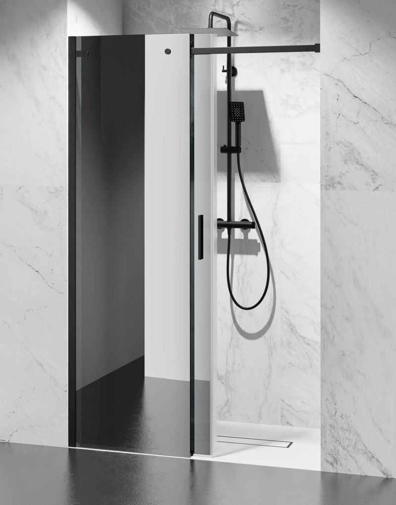 DRZWI PRYSZNICOWE PRZESUWNE, CZARNE OKUCIA, SZKŁO GRAFITOWE DYMIONE