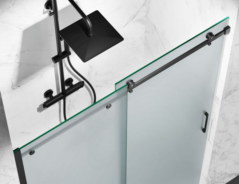 Drzwi Prysznicowe Przesuwne, Czarne Okucia, Szkło Mrożone Mleczne