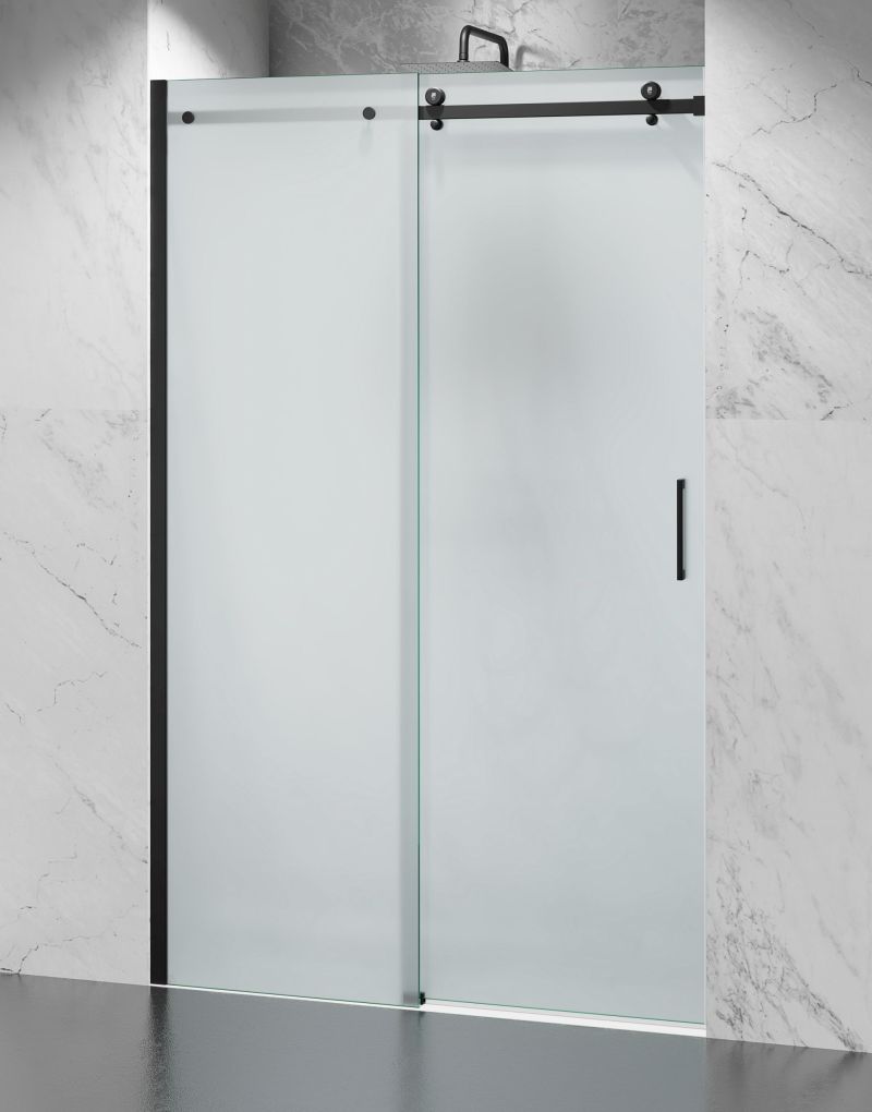 Drzwi Prysznicowe Przesuwne, Czarne Okucia, Szkło Mrożone Mleczne