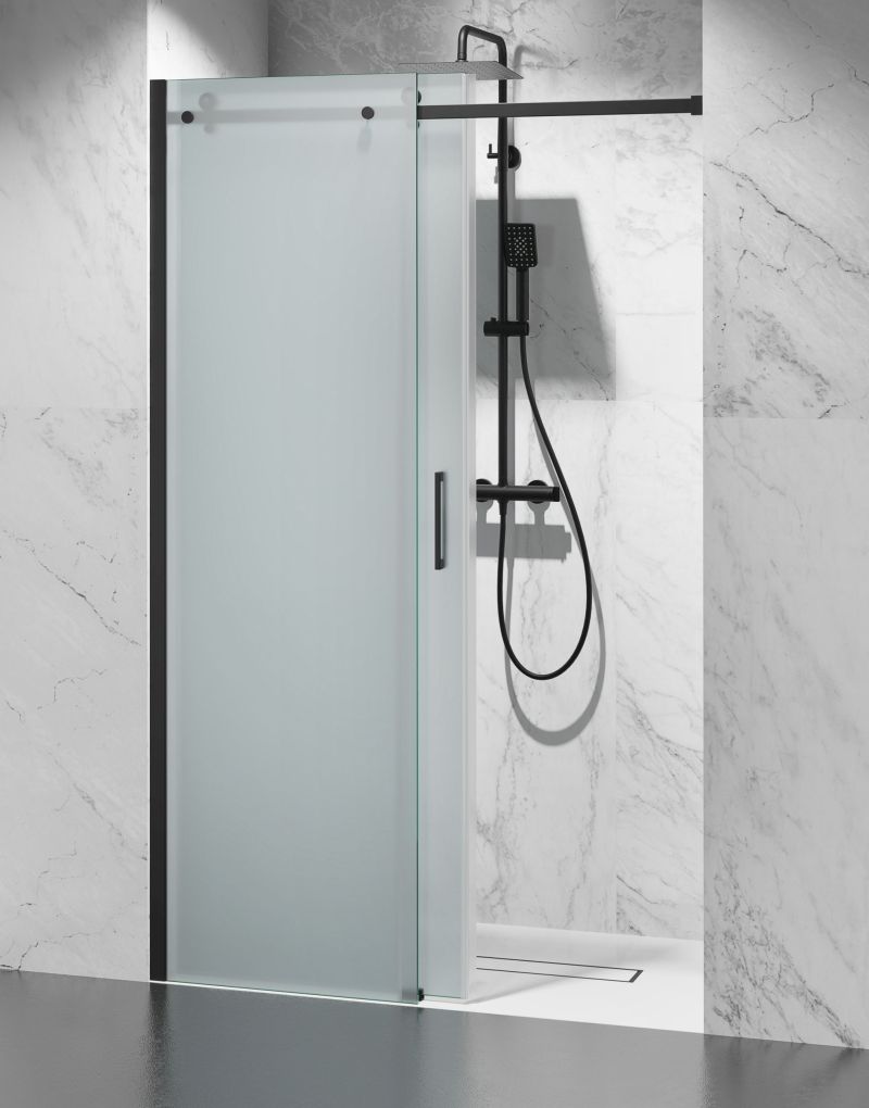 Drzwi Prysznicowe Przesuwne, Czarne Okucia, Szkło Mrożone Mleczne